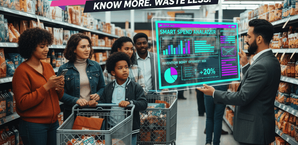 A 90s-style realistic photo of a diverse family shopping in a brightly lit grocery store, with a manager holding a futuristic transparent tablet displaying AI-driven data for smarter retail spending and personalized offers.