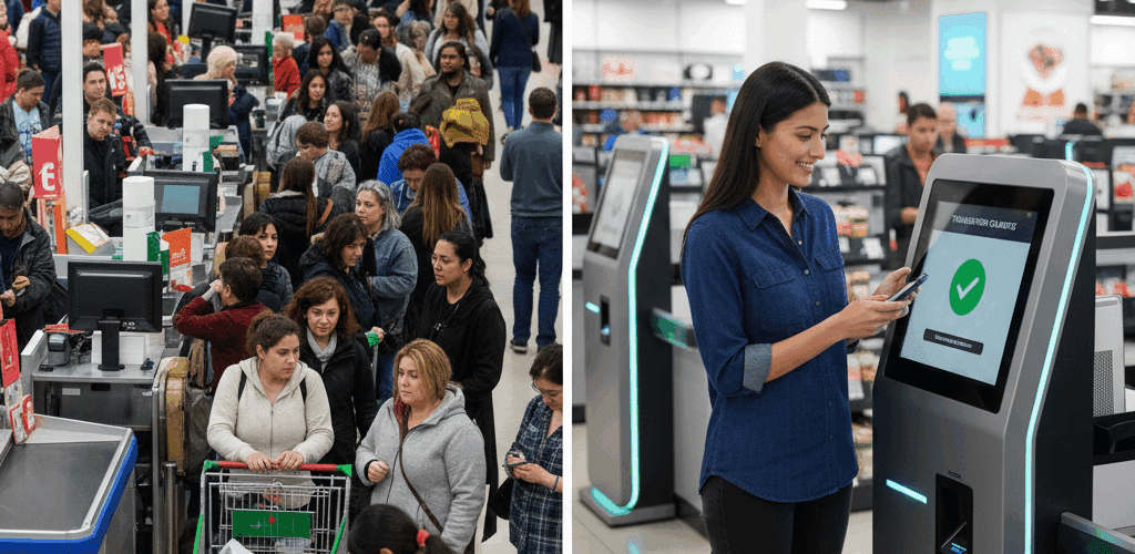 A split image contrasting a crowded, long checkout line with human cashiers during a "Black Friday Reality" against a single woman seamlessly using an "Automated Efficiency" self-service kiosk with a green checkmark indicating a completed transaction.