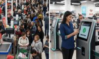 A split image contrasting a crowded, long checkout line with human cashiers during a
