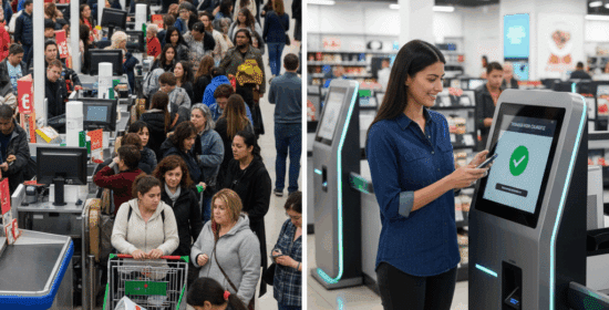 A split image contrasting a crowded, long checkout line with human cashiers during a "Black Friday Reality" against a single woman seamlessly using an "Automated Efficiency" self-service kiosk with a green checkmark indicating a completed transaction.