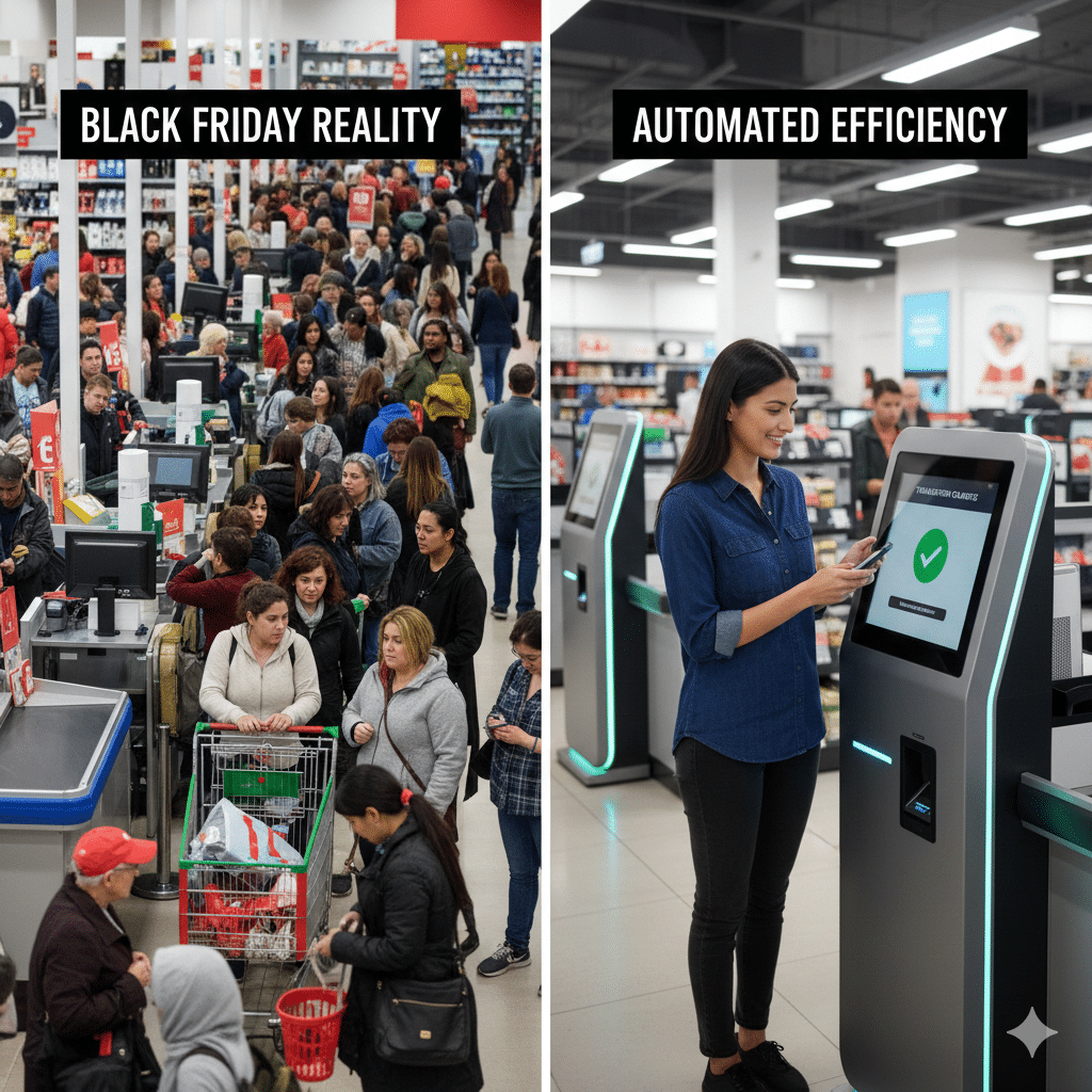A split image contrasting a crowded, long checkout line with human cashiers during a "Black Friday Reality" against a single woman seamlessly using an "Automated Efficiency" self-service kiosk with a green checkmark indicating a completed transaction.