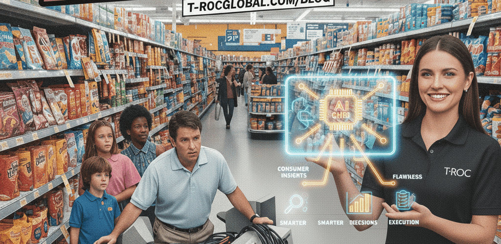 Una fotografía realista de la década de los 90 de un pasillo de supermercado muy concurrido, donde un representante de T-ROC con una camisa polo negra presenta un diagrama de IA brillante, explicando qué es Retail 360 a una familia curiosa en medio de una pila de equipos informáticos viejos, que simbolizan métodos de datos obsoletos.