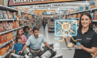 A 90s-era realistic photo of a busy supermarket aisle, where a T-ROC representative in a black polo shirt presents a glowing AI diagram, explaining what Retail 360 is to a curious family amidst a pile of old computer equipment, symbolizing outdated data methods.