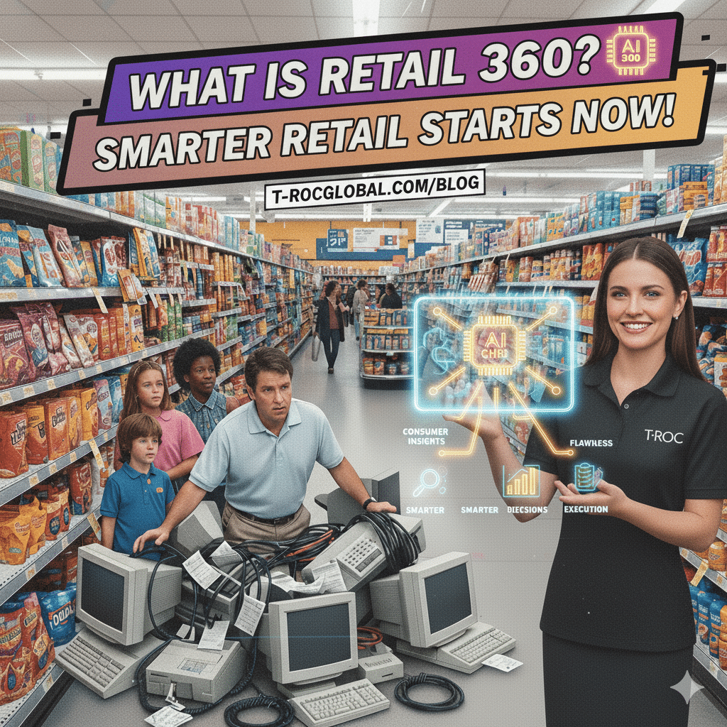 A 90s-era realistic photo of a busy supermarket aisle, where a T-ROC representative in a black polo shirt presents a glowing AI diagram, explaining what Retail 360 is to a curious family amidst a pile of old computer equipment, symbolizing outdated data methods.