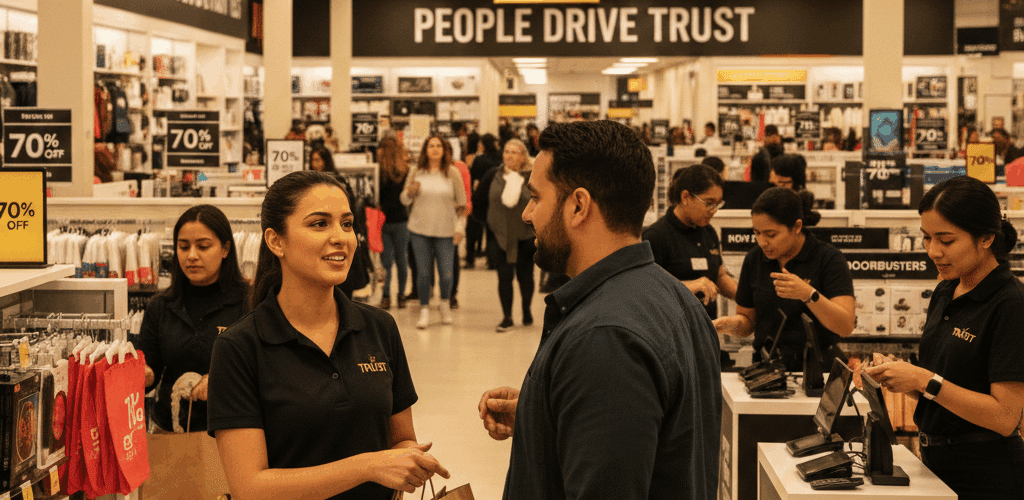 Brand ambassador assisting a shopper during a busy Black Friday sale, demonstrating the human connection that builds customer trust and drives in-store conversions.