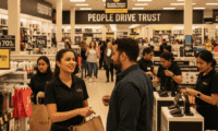 Brand ambassador assisting a shopper during a busy Black Friday sale, demonstrating the human connection that builds customer trust and drives in-store conversions.