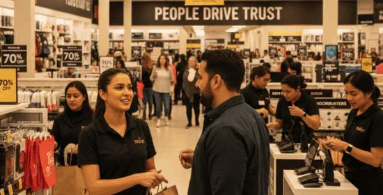 Brand ambassador assisting a shopper during a busy Black Friday sale, demonstrating the human connection that builds customer trust and drives in-store conversions.