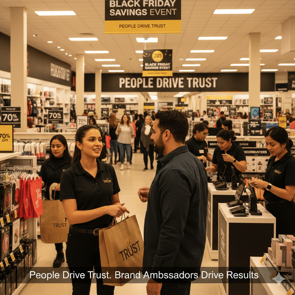 Brand ambassador assisting a shopper during a busy Black Friday sale, demonstrating the human connection that builds customer trust and drives in-store conversions.