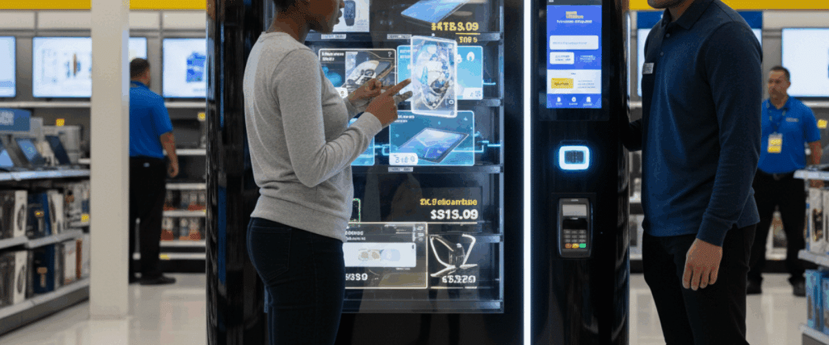 Customer interacting with a futuristic **automated retail** kiosk inside a consumer electronics store, while a sales associate monitors data.