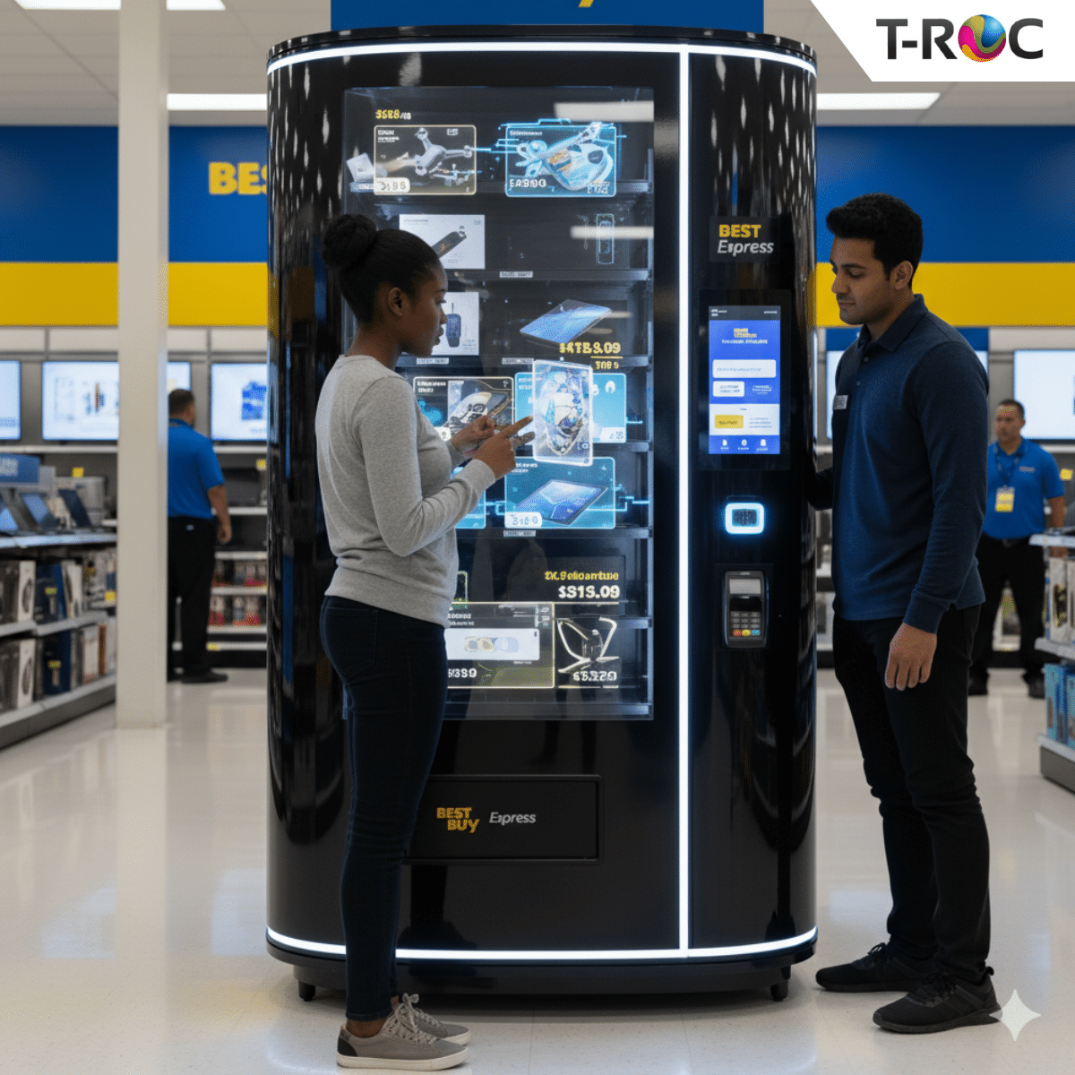 Customer interacting with a futuristic **automated retail** kiosk inside a consumer electronics store, while a sales associate monitors data.