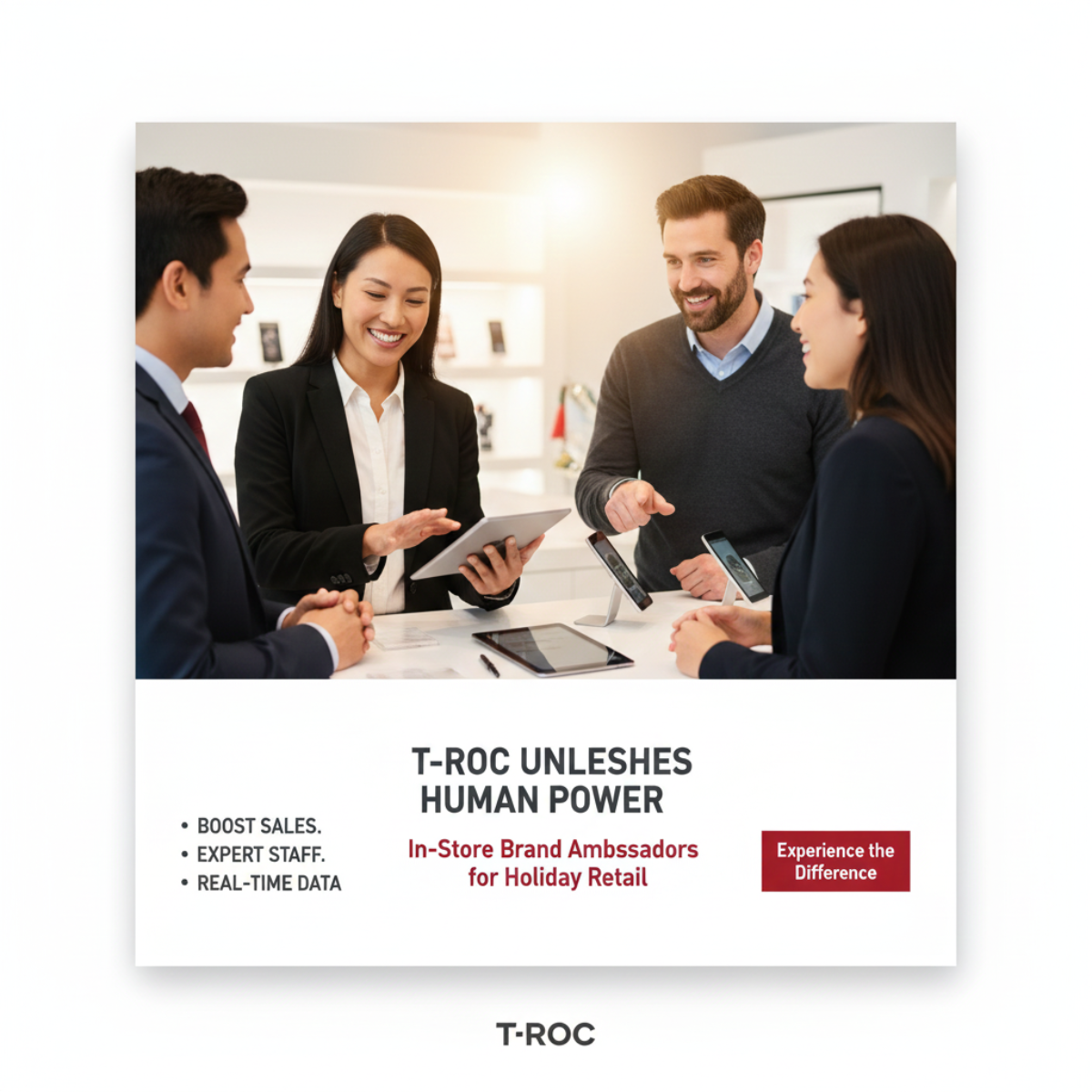90s style flyer for T-ROC promoting In-Store Brand Ambassadors for Holiday Retail with bold, retro graphics showing sales growth and expert staff.