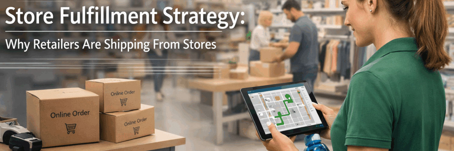 Retail store associates picking and packing online orders inside a store while customers shop, illustrating a store fulfillment strategy using in-store inventory.