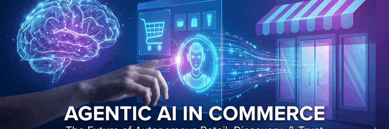 A futuristic blog banner illustration for T-ROC in blue and purple tones. A human hand on the left touches a holographic interface with a shopping cart and an AI avatar, connecting a digital brain to a retail storefront with flowing data. Large white text reads "AGENTIC AI IN COMMERCE: The Future of Autonomous Retail, Discovery, & Trust." The T-ROC logo is in the bottom right corner.