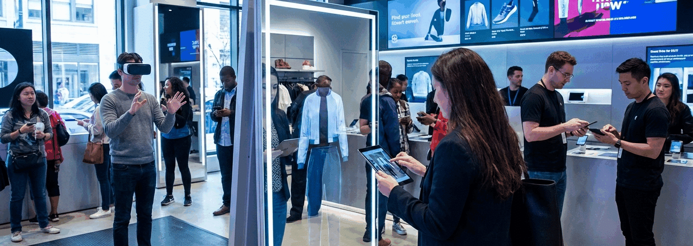 Des clients interagissent avec des expériences de vente au détail immersives, notamment un miroir intelligent en réalité augmentée pour les essayages virtuels et un casque de réalité virtuelle, au sein d'un environnement de magasin « phygital » moderne.