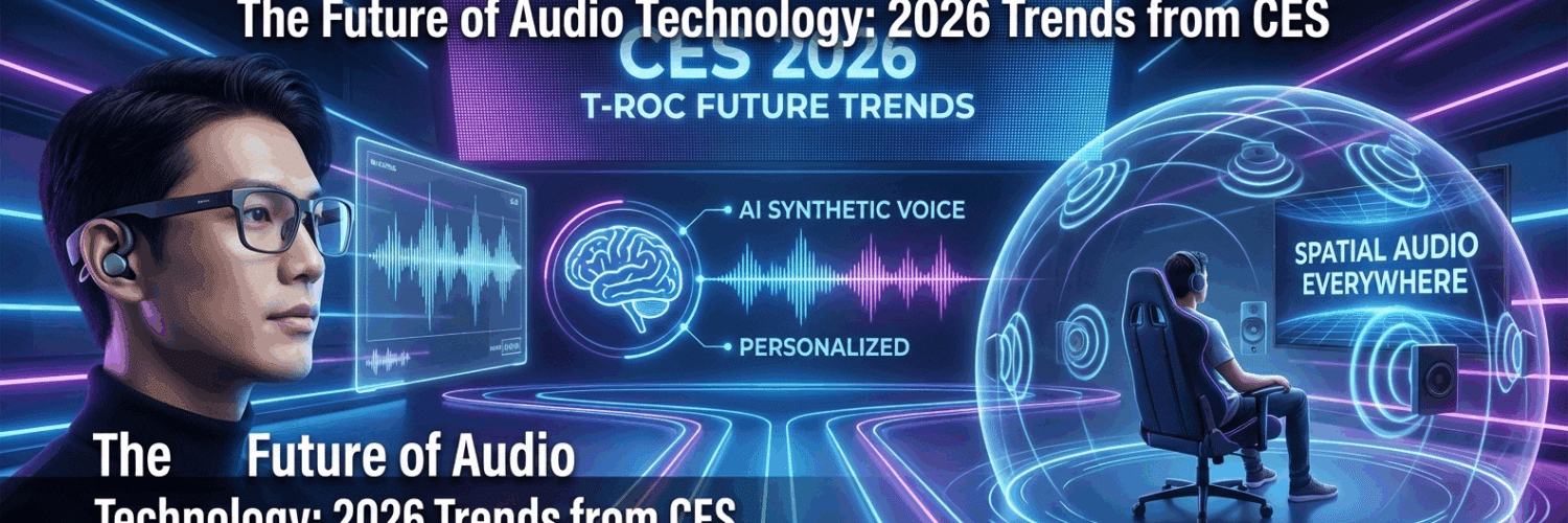 A high-tech "phygital" retail environment showcasing the future of audio technology, featuring interactive displays for spatial audio, AI-powered voice assistants, and immersive sound zones at a CES-style exhibition.