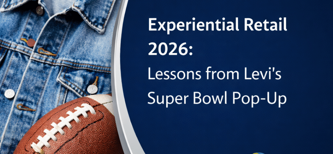 Minimalist split-screen banner featuring a denim jacket and American football on the left, and navy background with white text reading “Experiential Retail 2026: Lessons from Levi’s Super Bowl Pop-Up,” with the T-ROC Global logo.