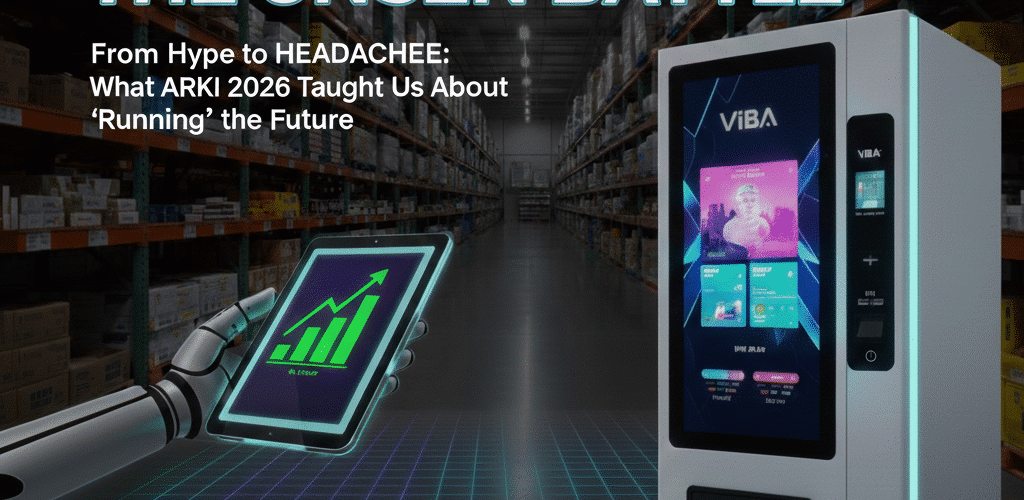 A wide-angle banner showing a modern VIBA-branded vending machine inside a dimly lit Costco warehouse. A robotic hand holds a tablet with a growth chart, and the text reads 'Automated Retail: The Unseen Battle.'
