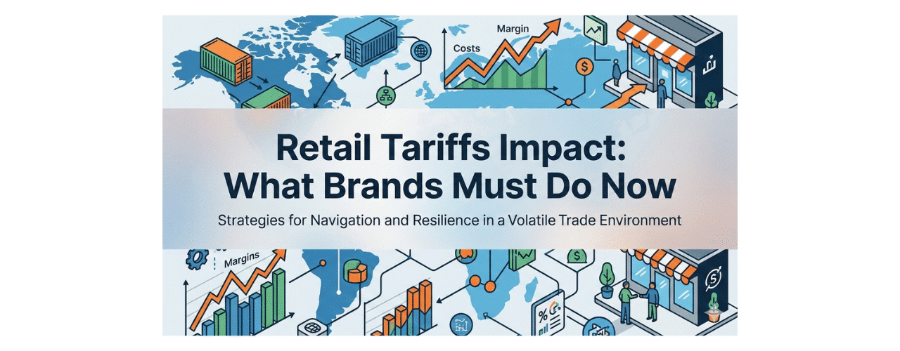 A wide-angle view of a busy shipping port with stacked colorful containers and a large cargo ship, representing global retail trade flow.