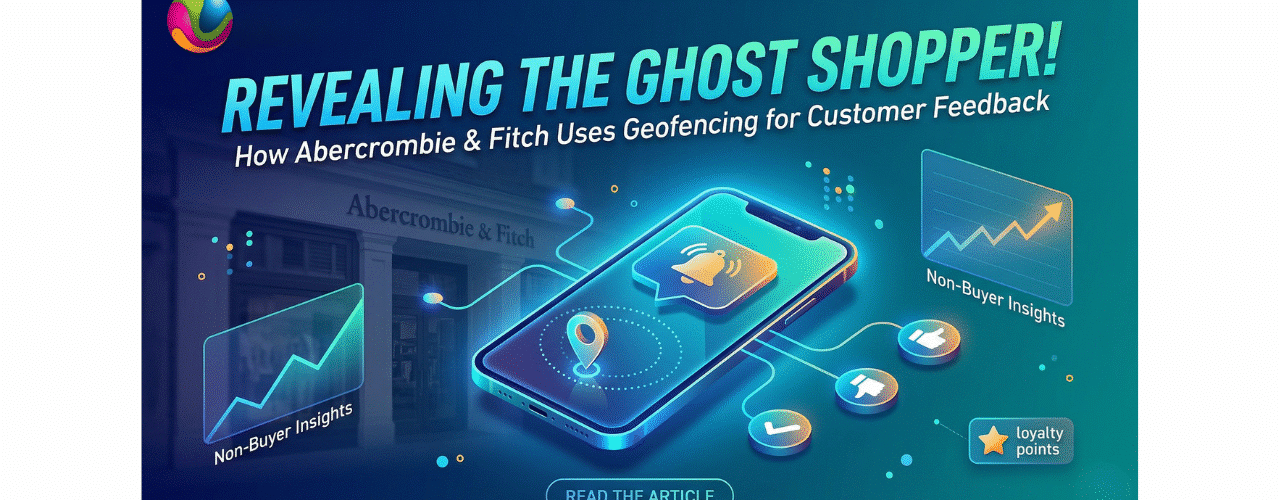 A futuristic digital banner showing a smartphone with geofencing notification icons in front of an Abercrombie & Fitch store, titled Revealing the Ghost Shopper.