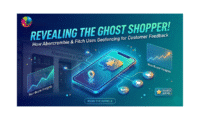 A futuristic digital banner showing a smartphone with geofencing notification icons in front of an Abercrombie & Fitch store, titled Revealing the Ghost Shopper.