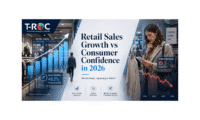 Retail sales growth vs consumer confidence in 2026 with retail analytics charts and a shopper comparing prices in-store.
