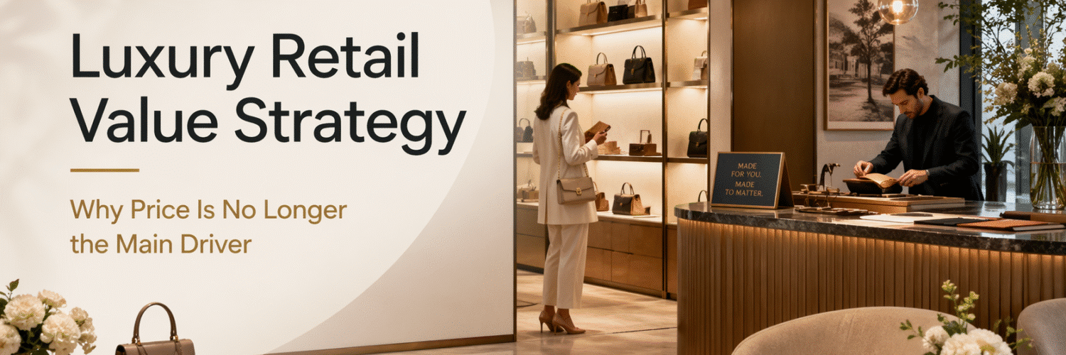 Luxury retail boutique interior with premium displays, personalized service, and the headline “Luxury Retail Value Strategy: Why Price Is No Longer the Main Driver.”