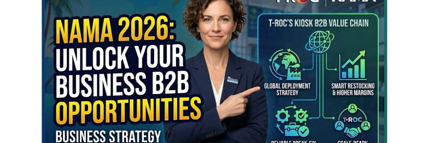 A professional female executive pointing to a B2B value chain infographic for T-ROC and NAMA 2026 automated retail services.