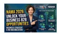 A professional female executive pointing to a B2B value chain infographic for T-ROC and NAMA 2026 automated retail services.