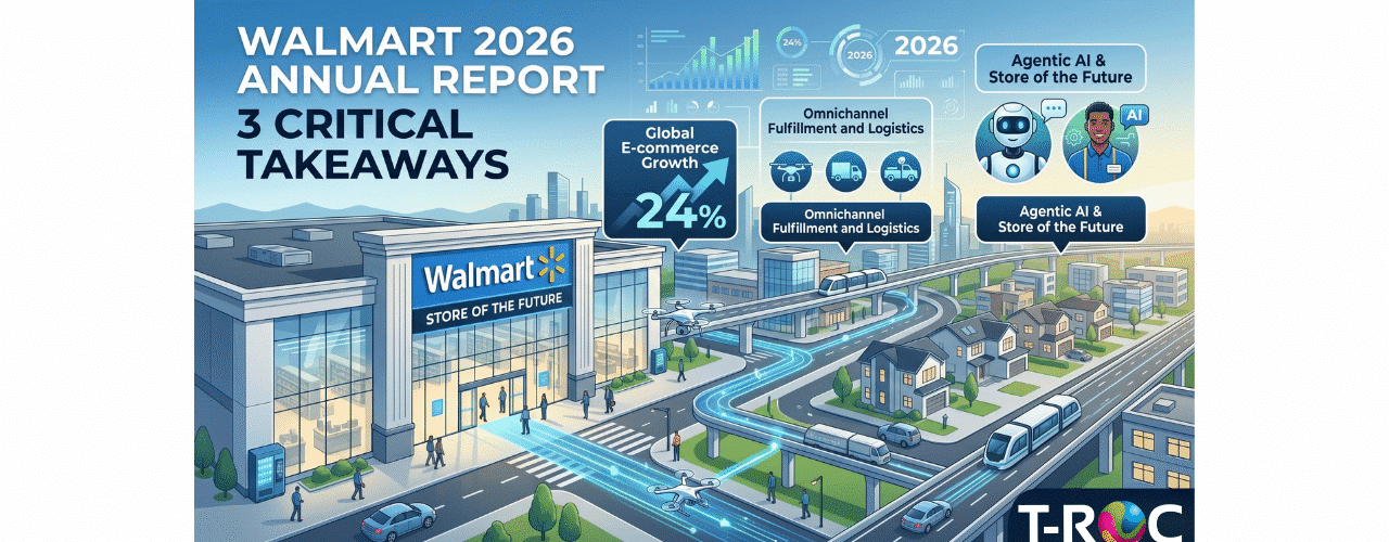 A high-tech retail infographic banner for the Walmart 2026 annual report featuring a "Store of the Future," a 24% e-commerce growth chart, and an Agentic AI robot representing the Sparky assistant.