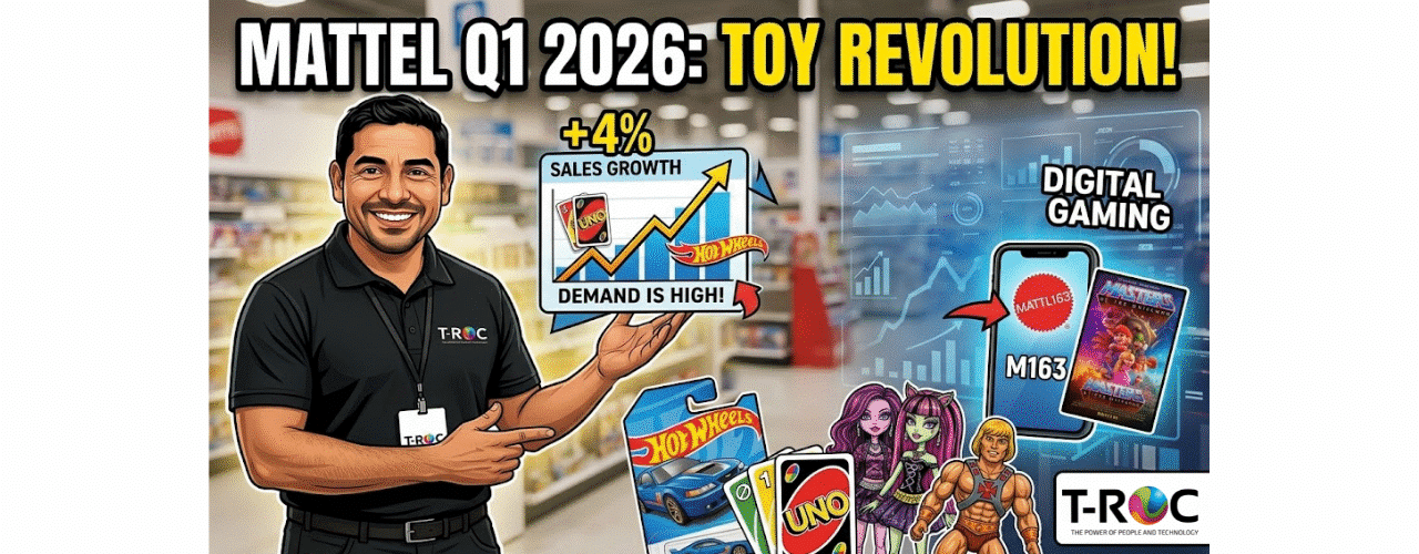 T-ROC illustrative YouTube thumbnail for Mattel Q1 2026 analysis, showing a smiling T-ROC ambassador presenting a +4% sales growth chart for Uno and Hot Wheels, a digital gaming integration concept with He-Man movie art, and physical toys in a retail aisle background.