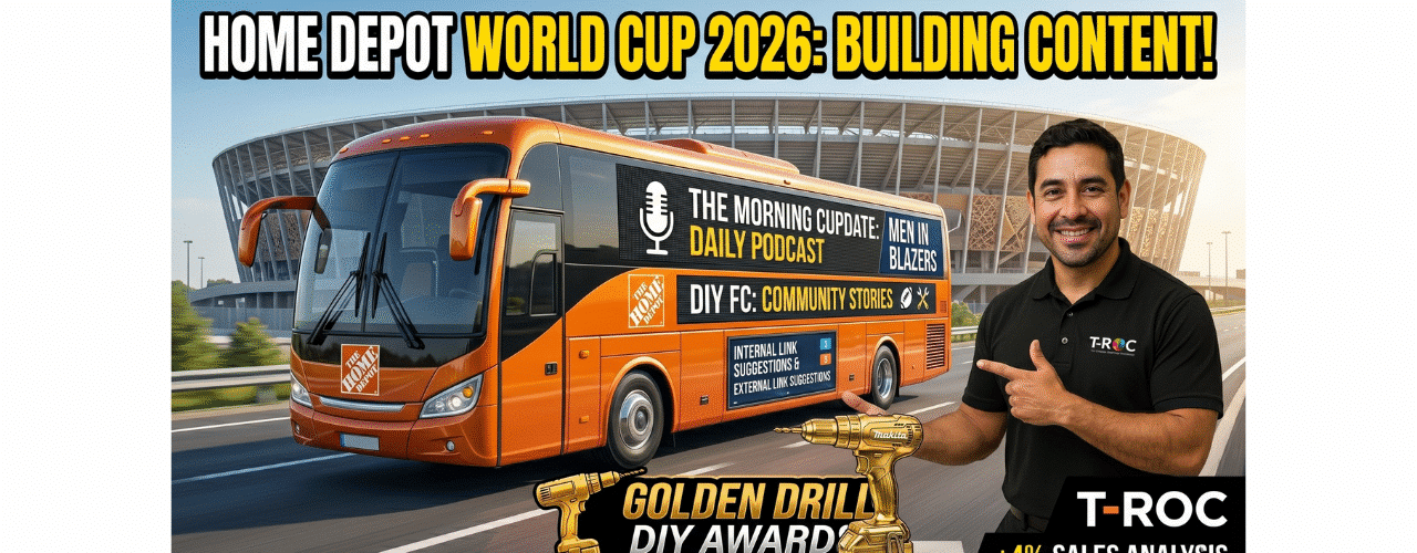 A hyper-realistic YouTube thumbnail for Home Depot World Cup marketing analysis featuring a T-ROC brand ambassador pointing toward a co-branded Home Depot and Men in Blazers mobile studio bus in front of a massive soccer stadium. A golden Makita power drill is displayed in the foreground with data callouts for sales growth.