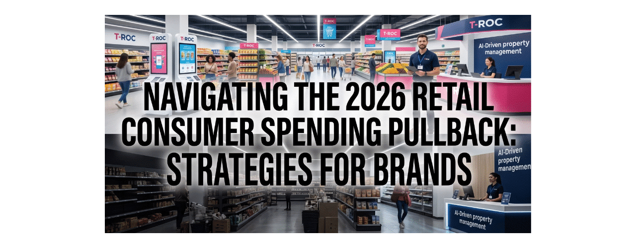 A high-contrast retail strategy banner with a split-screen background. The top half shows a bright, modern, fully stocked grocery environment featuring T-ROC branding and digital kiosks. The bottom half shows a darker, empty, under-executed store layout. Large black bold text overlays the center reading: "NAVIGATING THE 2026 RETAIL CONSUMER SPENDING PULLBACK: STRATEGIES FOR BRANDS".