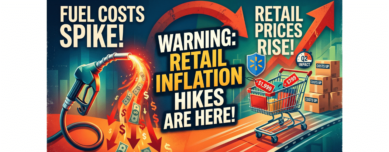 A dramatic banner illustrating rising retail inflation caused by high fuel costs, featuring a fiery gas pump pouring cash and a shopping cart with rising prices and stacked boxes.