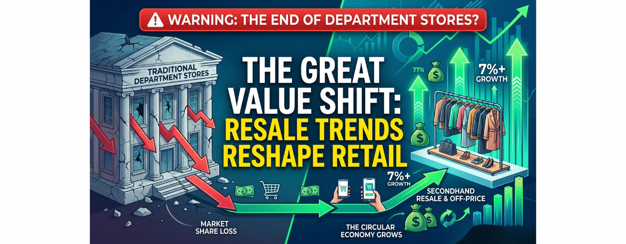 A professional, dual-sided retail market infographic comparing a cracking, downward-trending traditional department store on the left with a thriving, upward-trending secondhand apparel rack and digital mobile shopping ecosystem on the right, under the headline 'The Great Value Shift: Resale Trends Reshape Retail'.