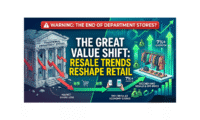 A professional, dual-sided retail market infographic comparing a cracking, downward-trending traditional department store on the left with a thriving, upward-trending secondhand apparel rack and digital mobile shopping ecosystem on the right, under the headline 'The Great Value Shift: Resale Trends Reshape Retail'.
