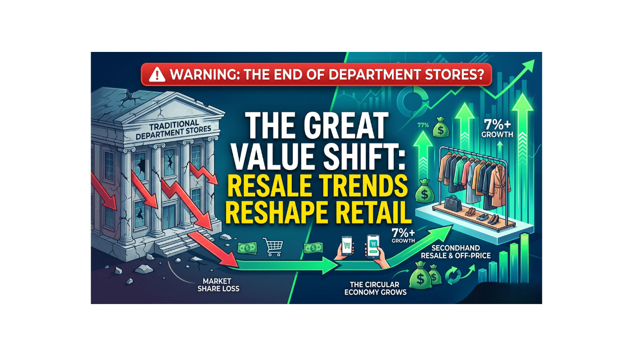 A professional, dual-sided retail market infographic comparing a cracking, downward-trending traditional department store on the left with a thriving, upward-trending secondhand apparel rack and digital mobile shopping ecosystem on the right, under the headline 'The Great Value Shift: Resale Trends Reshape Retail'.