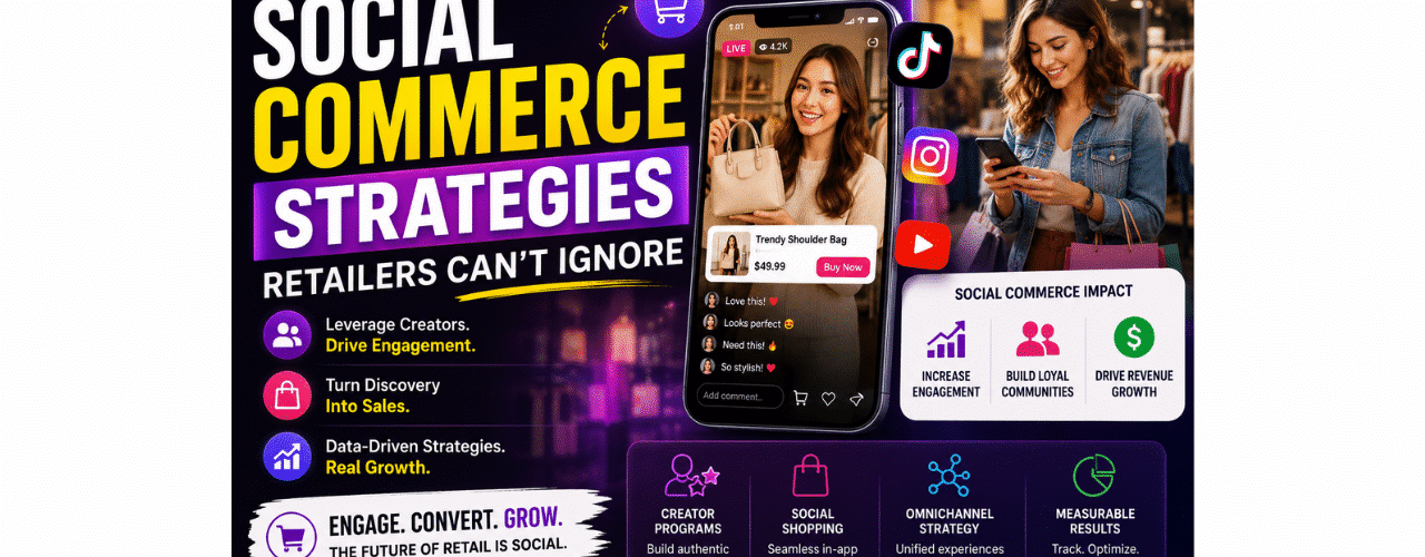 YouTube-style thumbnail about social commerce strategies for retailers featuring influencer marketing, TikTok shopping, creator programs, and omnichannel retail growth.
