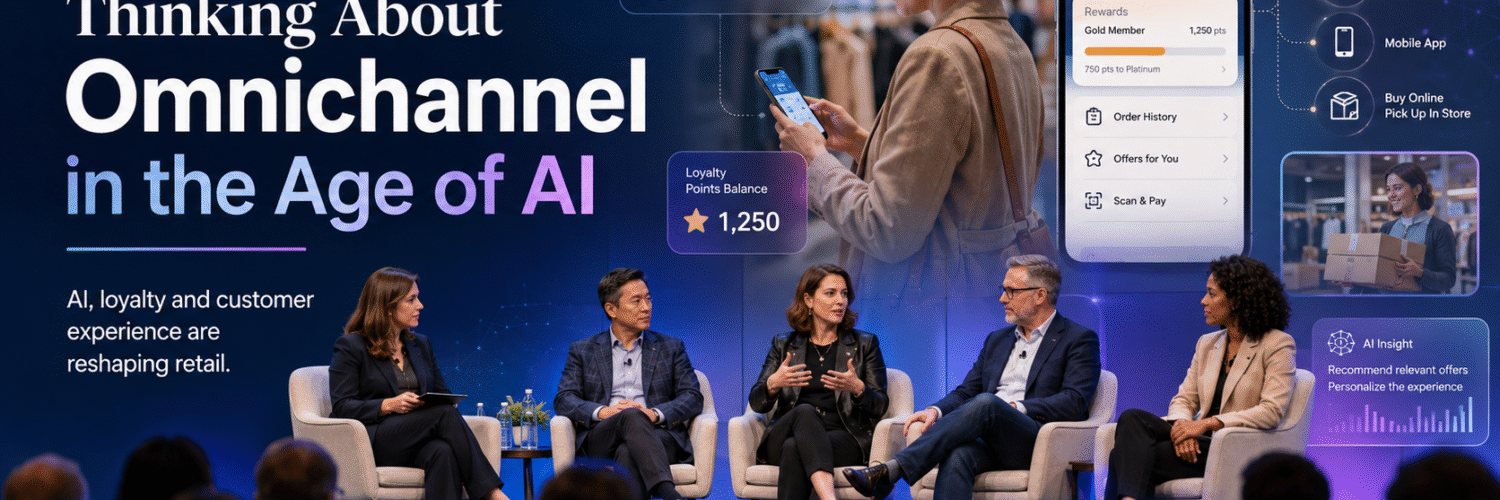 Retail executives discuss omnichannel strategy, AI, loyalty programs and customer experience during a conference panel with digital retail visuals.