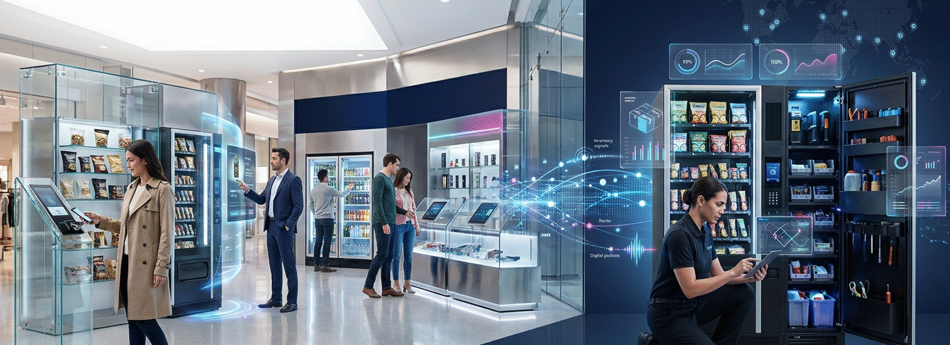 T-ROC field team member supporting automated retail machines connected to backend retail automation systems for inventory, maintenance, and performance tracking.