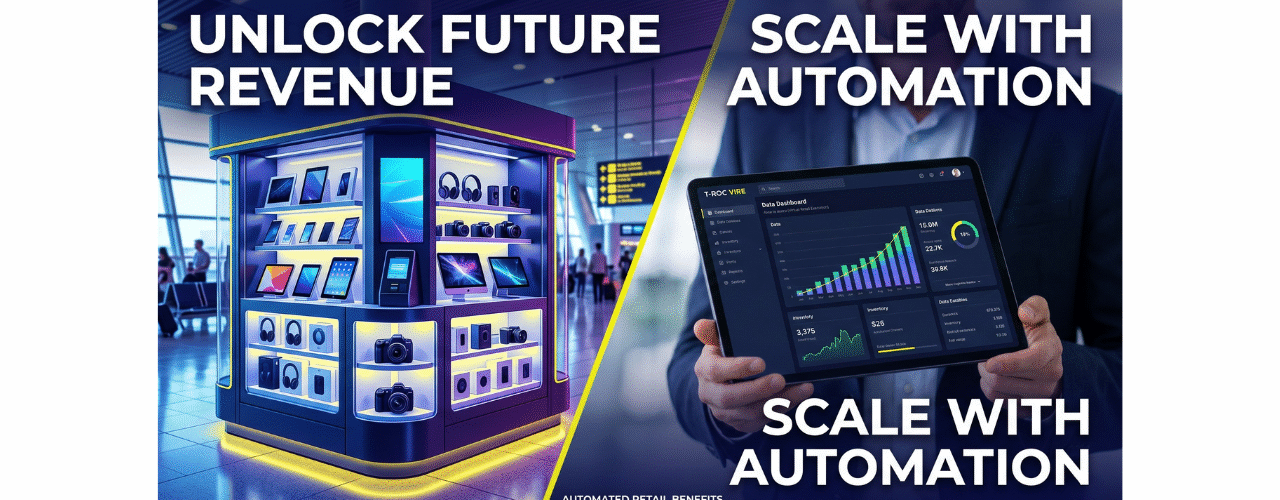 A split-screen blog thumbnail for T-ROC highlighting automated retail benefits, featuring a high-tech electronics kiosk in an airport on the left, and an executive holding a digital management dashboard on the right.