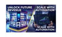 A split-screen blog thumbnail for T-ROC highlighting automated retail benefits, featuring a high-tech electronics kiosk in an airport on the left, and an executive holding a digital management dashboard on the right.