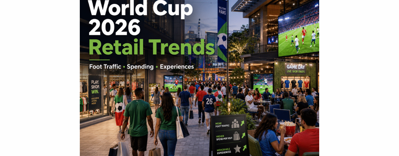 Busy retail center filled with soccer fans shopping, dining, and gathering for World Cup 2026 watch parties and brand activations.