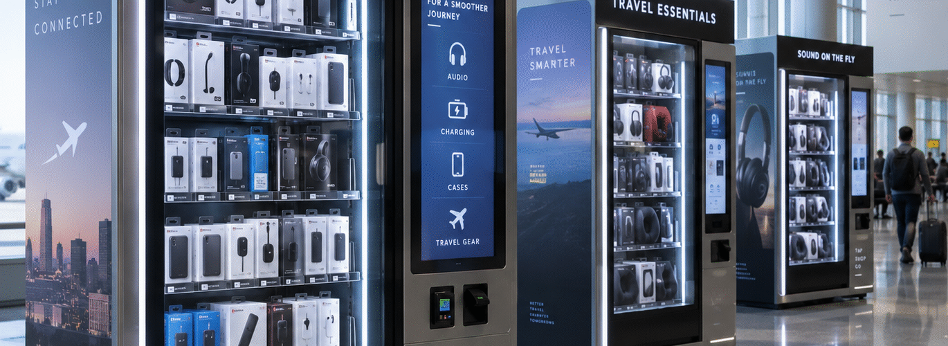 Modern automated retail machines displaying tech products, electronics, and travel accessories inside a busy airport terminal.
