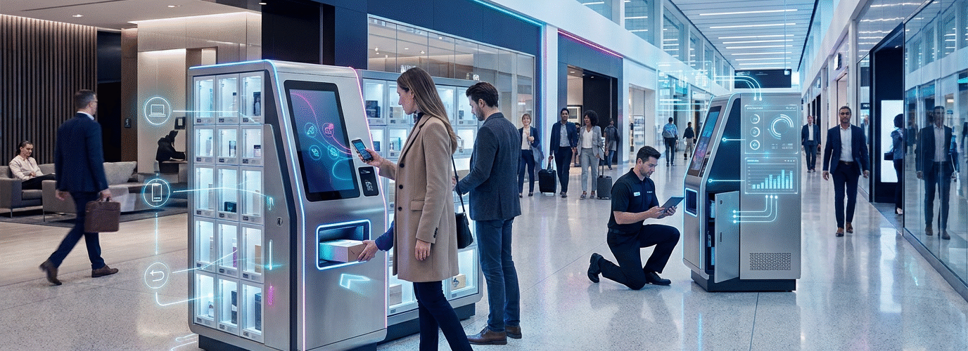 T-ROC field team member supporting a modern automated retail kiosk with stocked product compartments, contactless checkout, real-time inventory signals, and machine health monitoring.