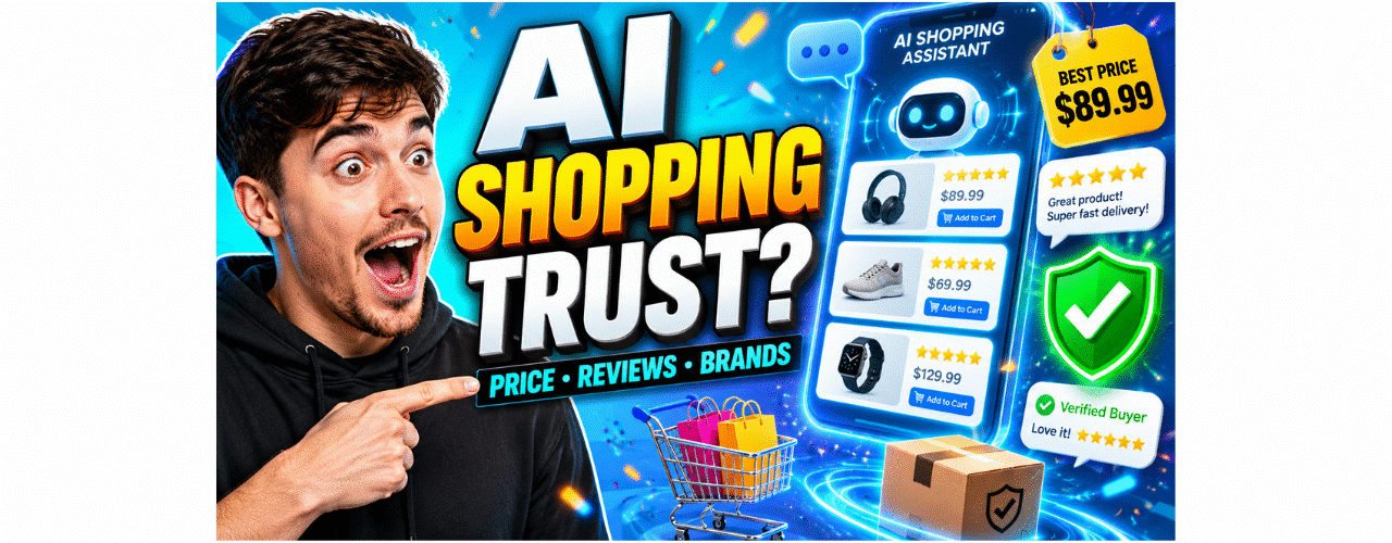 YouTube-style thumbnail showing a surprised shopper pointing at an AI shopping assistant interface with product prices, star reviews, trust badges, and brand confidence signals.