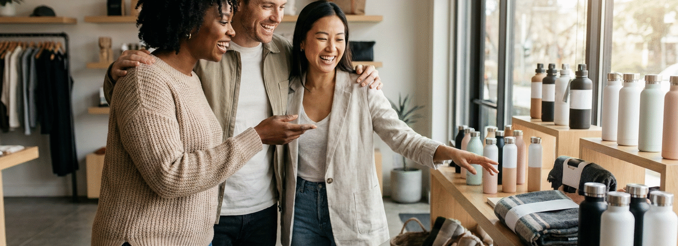Three diverse entrepreneurs reviewing retail shelf placement and product merchandising inside a modern retail store, representing T-ROC Retail Matchmaking and retail expansion opportunities.
