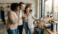 Three diverse entrepreneurs reviewing retail shelf placement and product merchandising inside a modern retail store, representing T-ROC Retail Matchmaking and retail expansion opportunities.