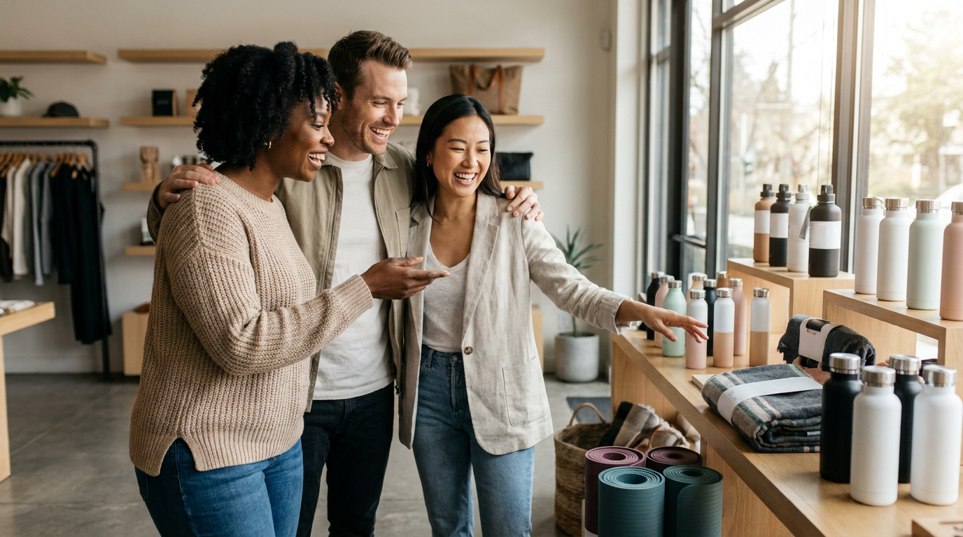 Three diverse entrepreneurs reviewing retail shelf placement and product merchandising inside a modern retail store, representing T-ROC Retail Matchmaking and retail expansion opportunities.