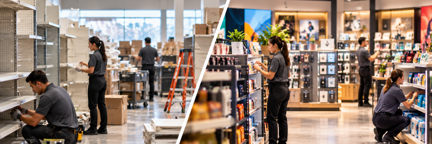 Retail team completing a store refresh and reset with fixture updates, merchandising changes, product placement and in-store execution.