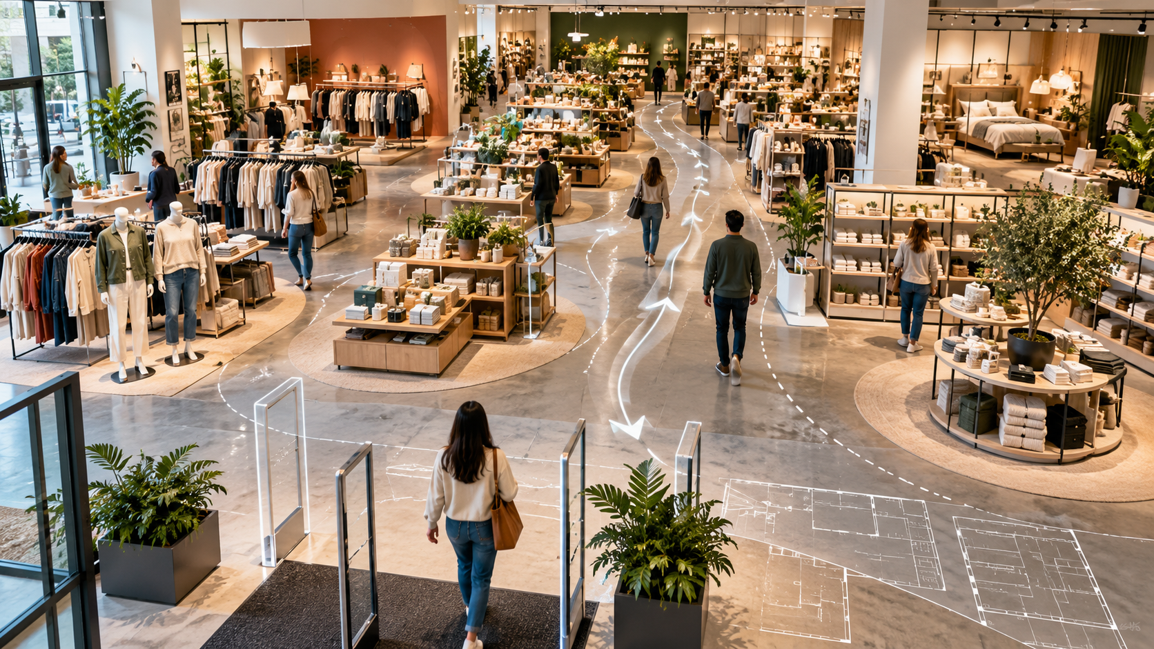 Modern retail store layout featuring optimized shopper pathways, organized merchandise displays, and strategic product placement to improve customer flow and sales.